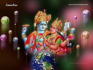 Lord Vishnu and Goddess Lakshmi Divine Couple with Floating Planets and Earth HD wallpaper