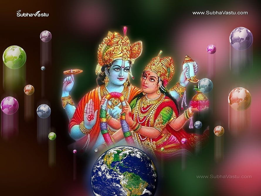 Lord Vishnu and Goddess Lakshmi Divine Couple with Floating Planets and Earth HD wallpaper