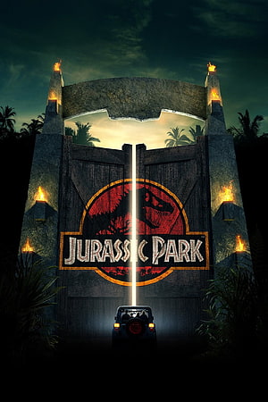 Jurassic Park Iconic Gate Entrance With Jeep And T-Rex Logo At Dusk HD phone wallpaper