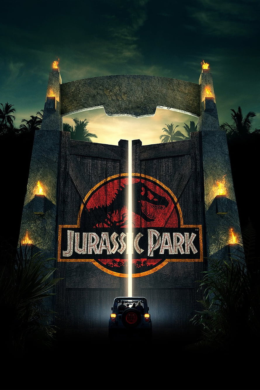 Jurassic Park Iconic Gate Entrance With Jeep And T-Rex Logo At Dusk HD phone wallpaper