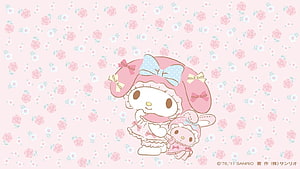 Cute My Melody and Little My Melody in Pink Floral Outfits on Rose Pattern Background HD wallpaper