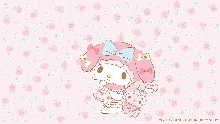 Cute My Melody and Little My Melody in Pink Floral Outfits on Rose Pattern Background HD wallpaper