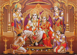 Ram Darbar Divine Painting of Lord Rama and Sita with Hanuman and Attendants in Ornate Temple Setting, Ram Darbar HD wallpaper