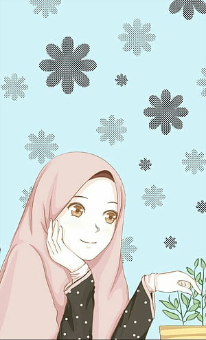 Cute Anime Muslimah Girl in Pink Hijab Tending to a Potted Plant HD phone wallpaper