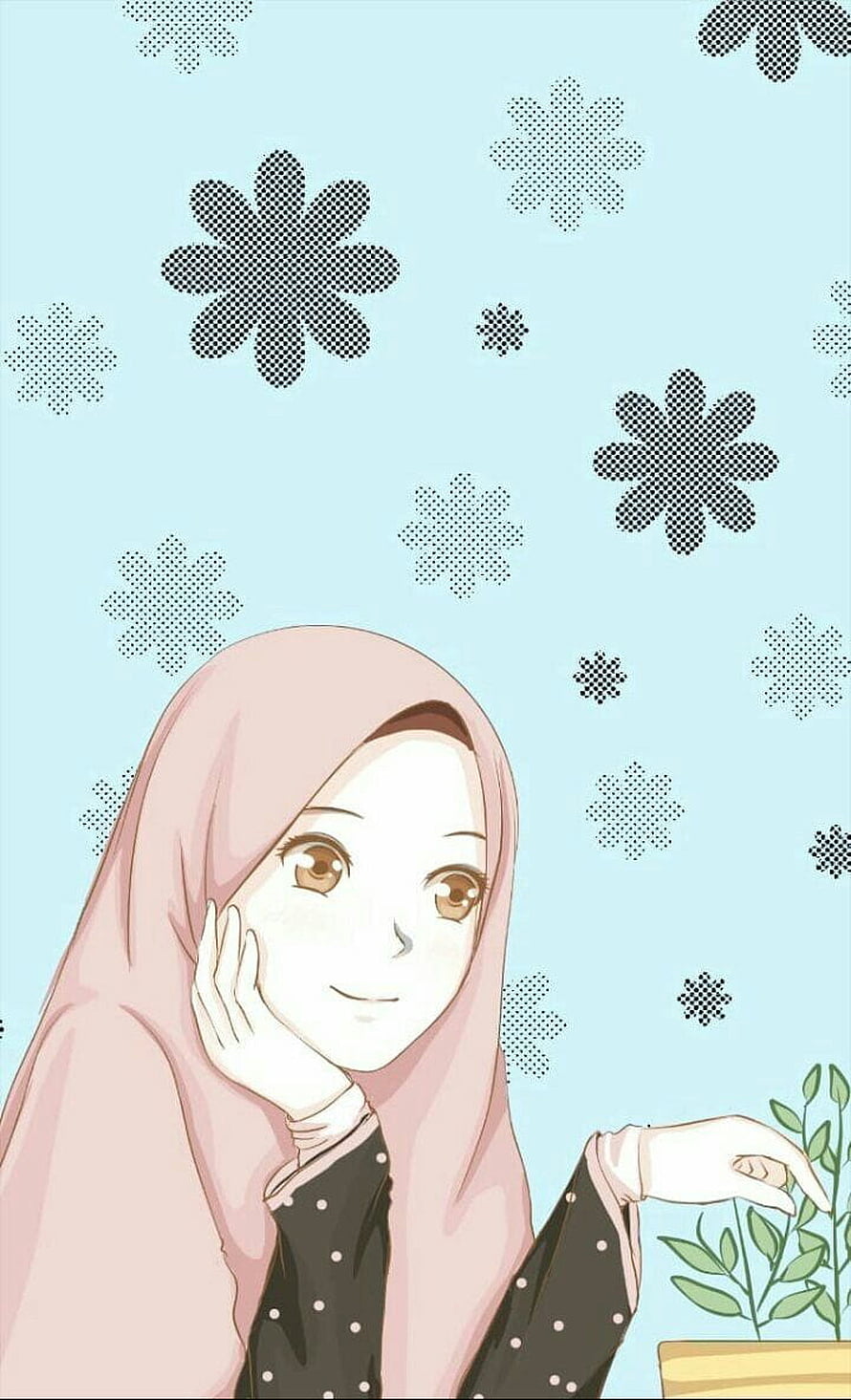 Cute Anime Muslimah Girl in Pink Hijab Tending to a Potted Plant HD phone wallpaper