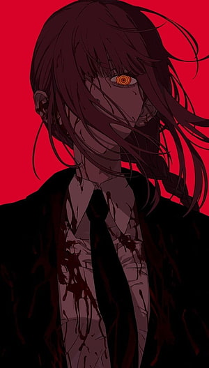 Makima Anime Character Portrait with Glowing Eye and Blood Splatter on Red Background HD phone wallpaper