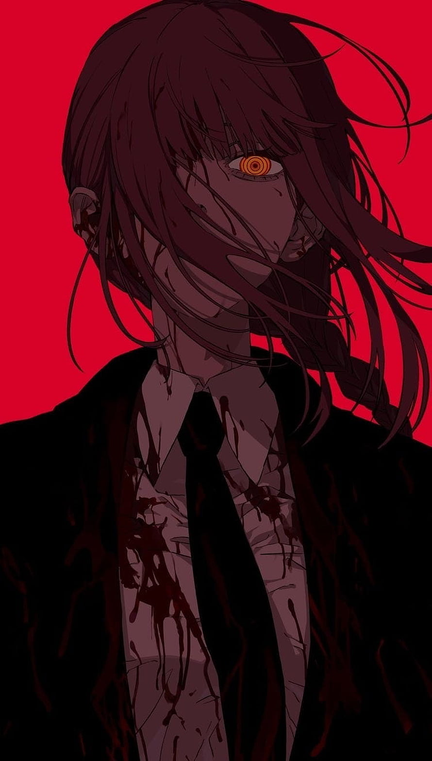 Makima Anime Character Portrait with Glowing Eye and Blood Splatter on Red Background HD phone wallpaper