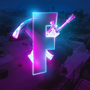 Fortnite Neon Logo with Pickaxe and Sniper Rifle in Vibrant Purple and Blue Glow HD phone wallpaper