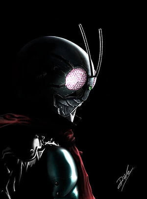 Kamen Rider Black RX digital art portrait with glowing pink compound eyes and dark armor HD phone wallpaper