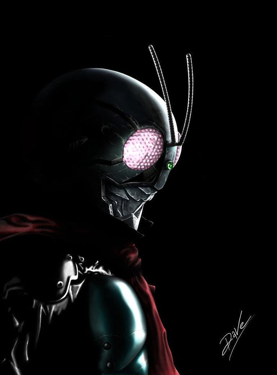 Kamen Rider Black RX digital art portrait with glowing pink compound eyes and dark armor HD phone wallpaper