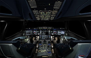 Airbus A350 XWB Cockpit Interior at Night with Illuminated Flight Deck Panels HD wallpaper
