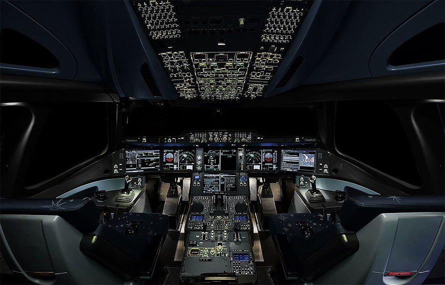 Airbus A350 XWB Cockpit Interior at Night with Illuminated Flight Deck Panels HD wallpaper