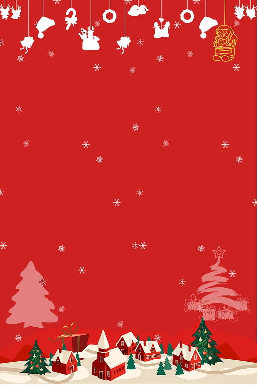 Festive Christmas Village Scene With Snowy Houses, Pine Trees, and Hanging Holiday Ornaments On Red Background HD phone wallpaper