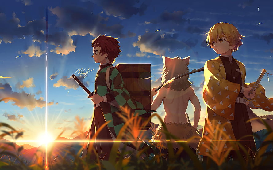 Demon Slayer Anime Characters Standing in Golden Grass at Sunset HD wallpaper