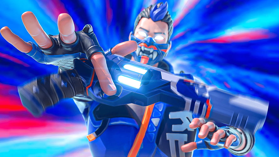 Fortnite character with glowing blue energy weapon and dynamic background HD wallpaper