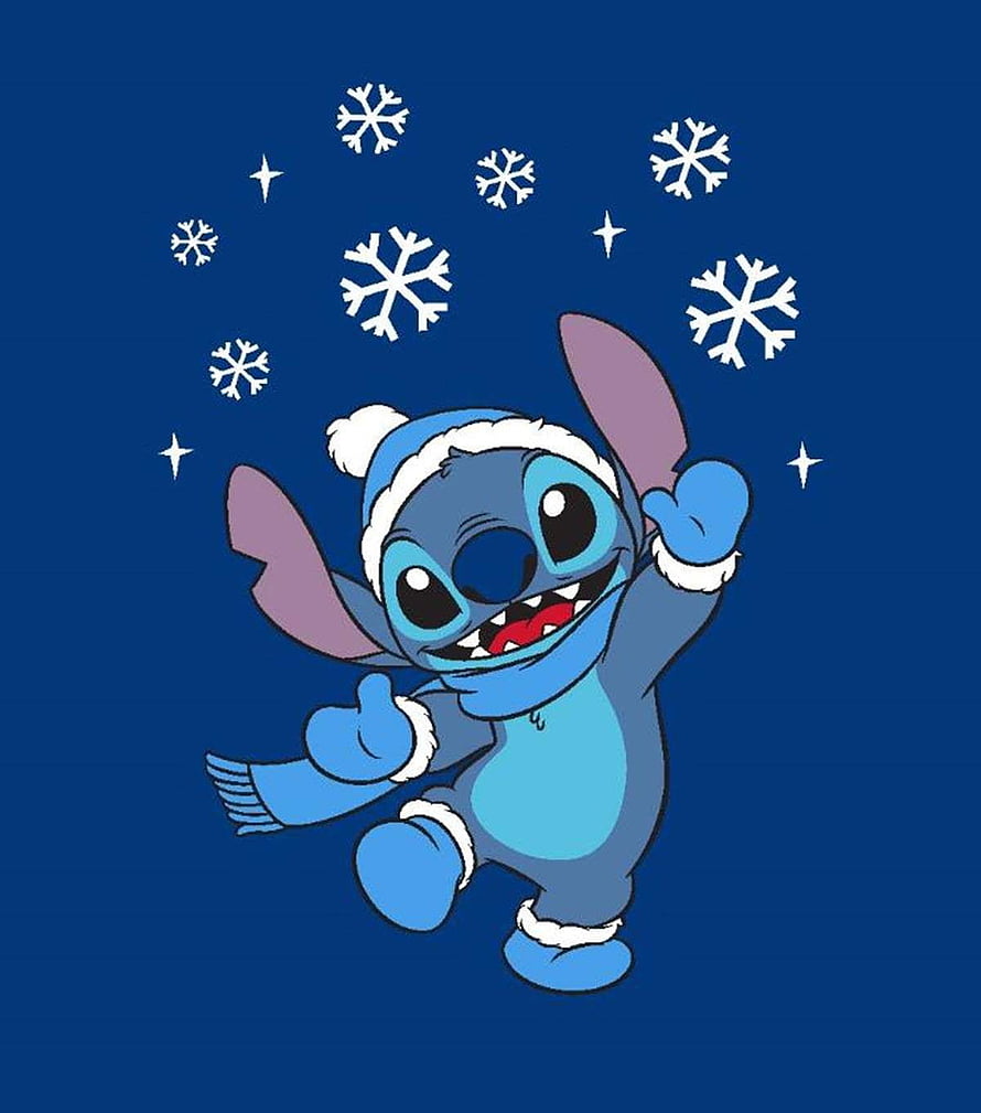 Stitch from Lilo and Stitch in a winter hat and scarf with falling snowflakes on a blue background HD phone wallpaper