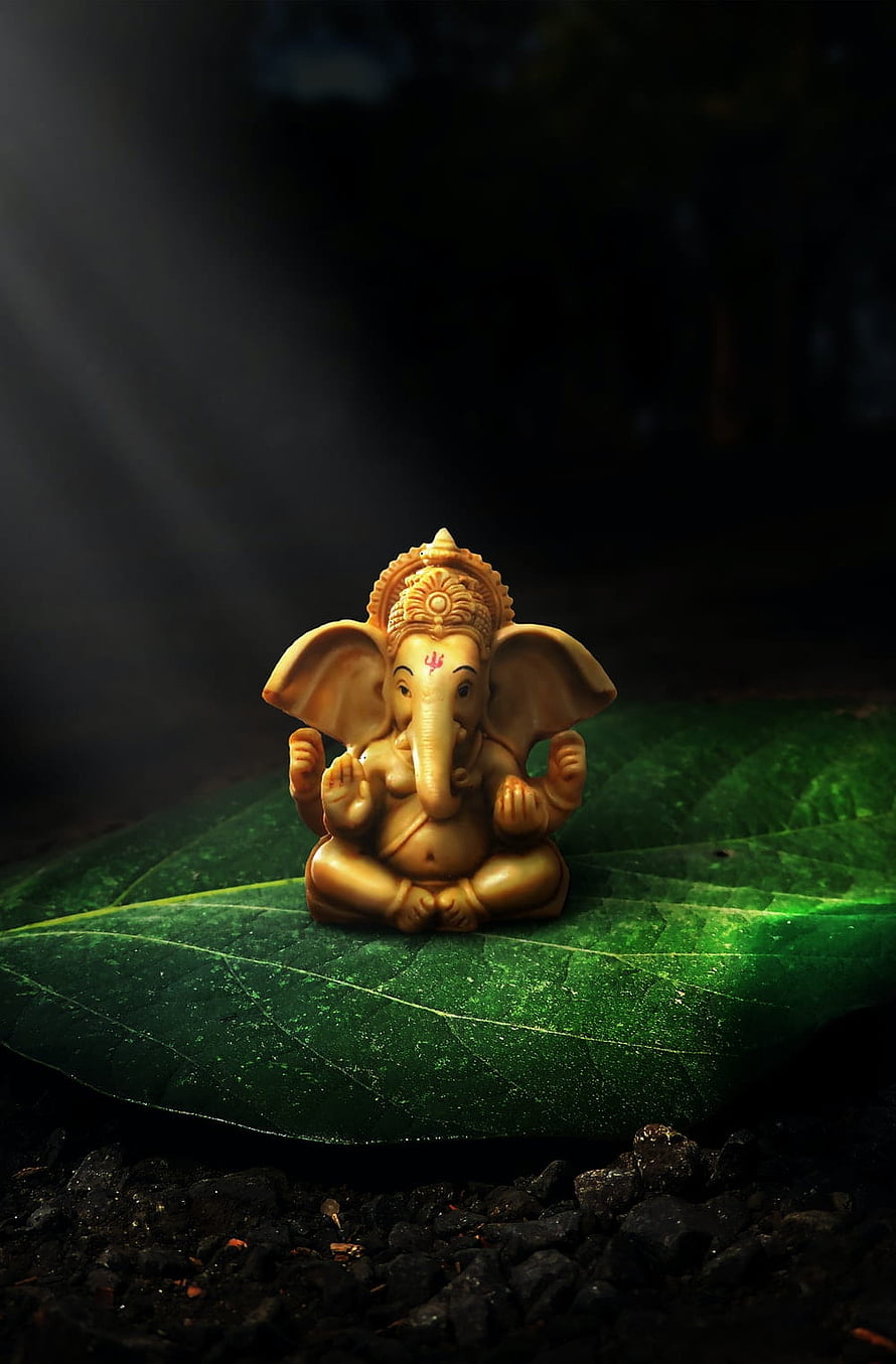 Ganesha statue seated in meditation on a large green leaf with dramatic dark background lighting HD phone wallpaper