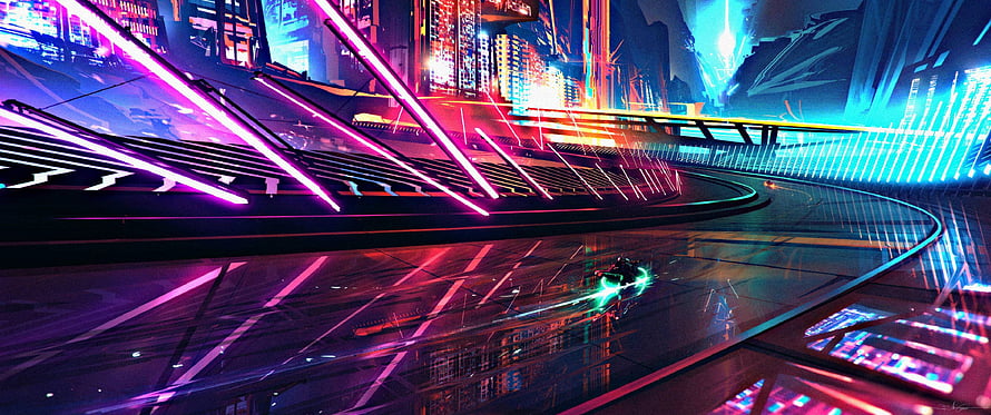 Futuristic Cyberpunk Cityscape with Neon Lights and Racing Car HD wallpaper