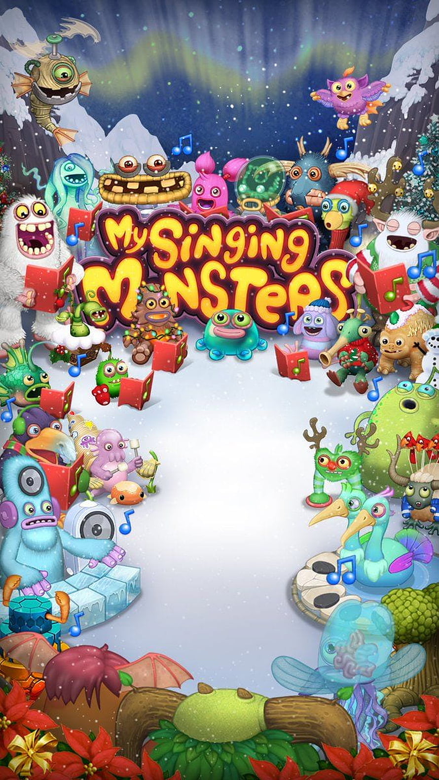 My Singing Monsters Winter Holiday Scene with Colorful Creatures and Snowy Landscape HD phone wallpaper