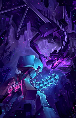 Minecraft Wither Skeleton and Ender Dragon Battle in Purple Digital Realm HD phone wallpaper