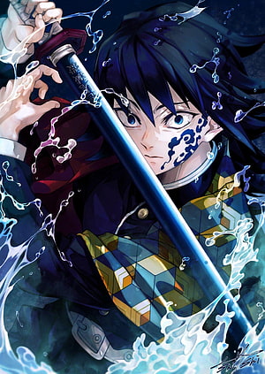 Giyu Tomioka from Demon Slayer Wielding Water Breathing Sword in Dynamic Anime Art HD phone wallpaper