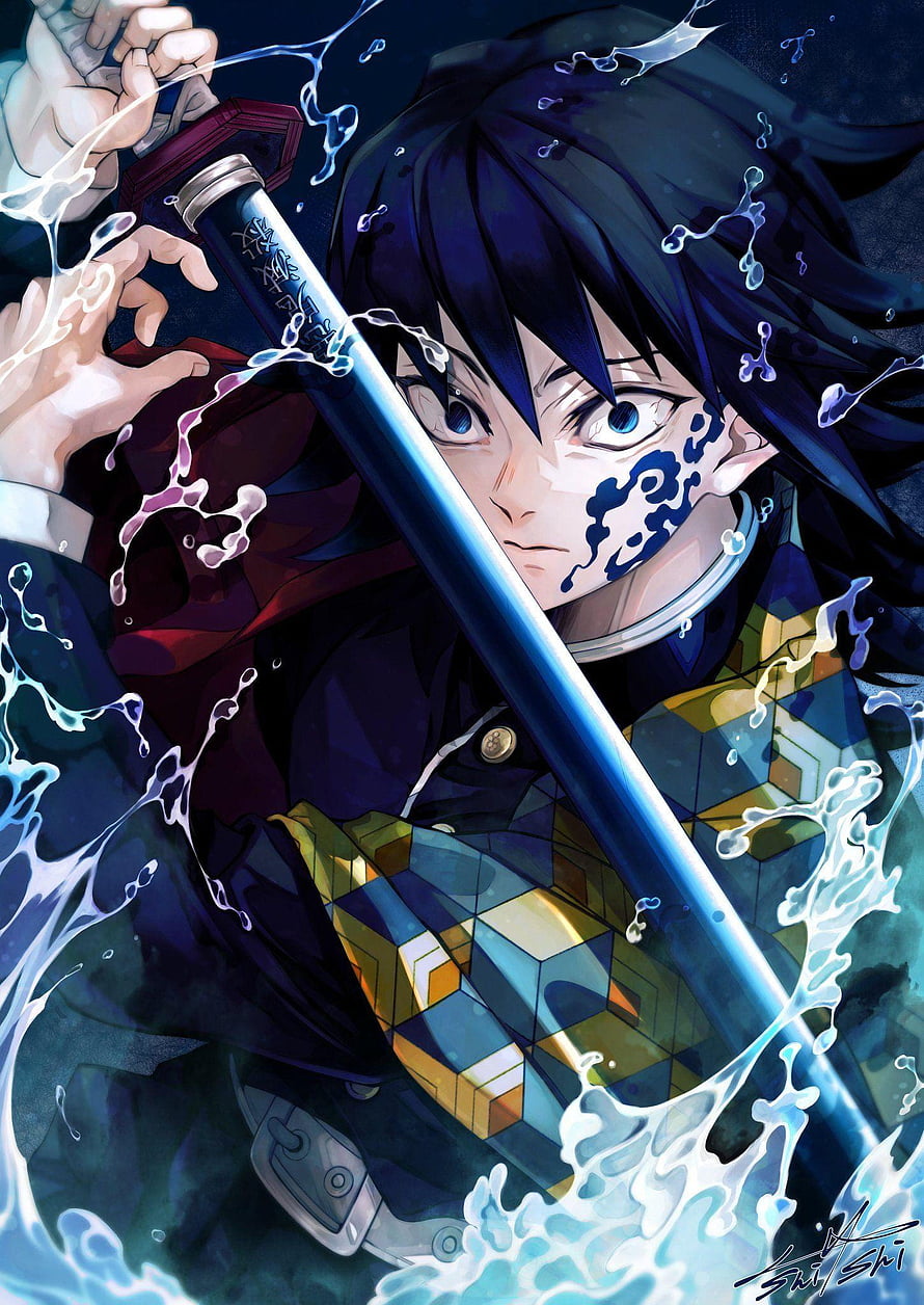 Giyu Tomioka from Demon Slayer Wielding Water Breathing Sword in Dynamic Anime Art HD phone wallpaper
