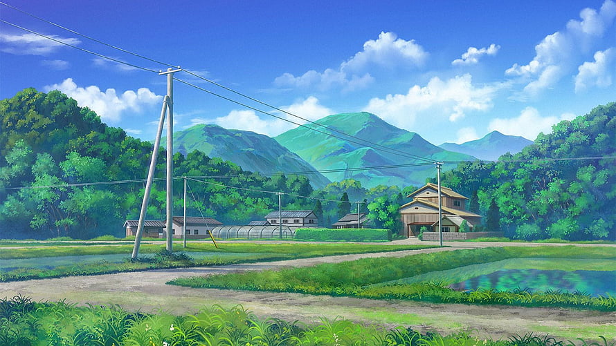 Serene Anime Countryside Landscape With Green Mountains And Traditional Farmhouse HD wallpaper