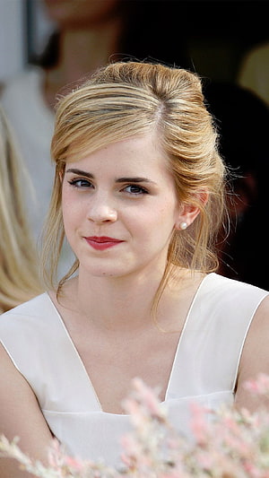 Emma Watson in an elegant white dress with soft updo hairstyle and pearl earrings HD phone wallpaper