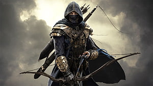 Dark Fantasy Archer Warrior With Hooded Cloak And Recurve Bow HD wallpaper