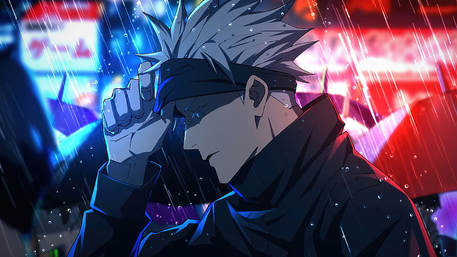 Satoru Gojo from Jujutsu Kaisen in a moody rainy night scene with neon city lights HD wallpaper