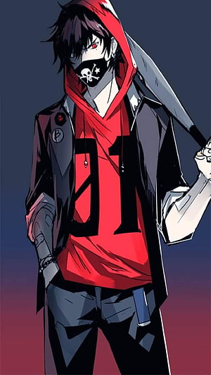 Anime Boy In Red Hoodie With Skull Mask And Number 01 Graphic HD phone wallpaper