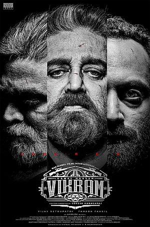Vikram Movie Poster Featuring Kamal Haasan in Dramatic Black and White Portrait HD phone wallpaper