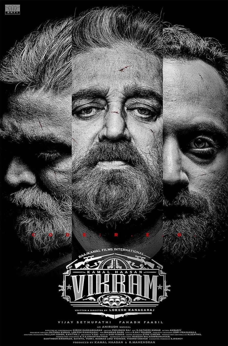 Vikram Movie Poster Featuring Kamal Haasan in Dramatic Black and White Portrait HD phone wallpaper