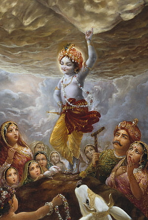 Krishna lifting Govardhan Hill painting with villagers and cows seeking shelter HD phone wallpaper