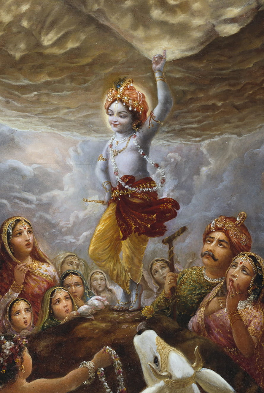 Krishna lifting Govardhan Hill painting with villagers and cows seeking shelter HD phone wallpaper