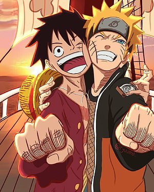 Luffy and Naruto Uzumaki Fist Bump Anime Crossover Artwork HD phone wallpaper