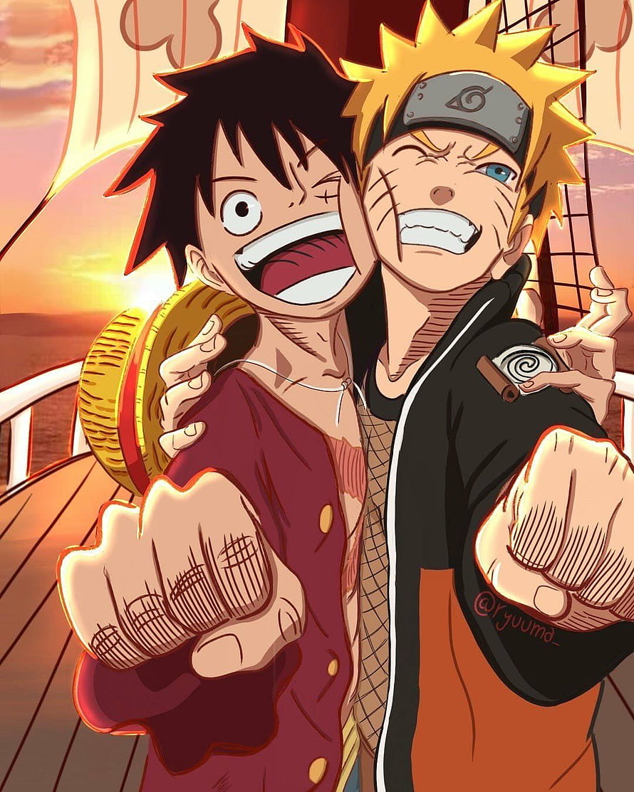Luffy and Naruto Uzumaki Fist Bump Anime Crossover Artwork HD phone wallpaper