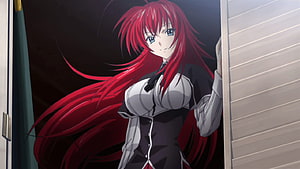Rias Gremory Anime Character with Long Red Hair in Black and White Uniform HD wallpaper