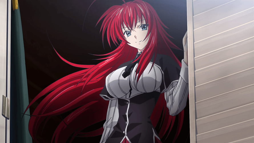 Rias Gremory Anime Character with Long Red Hair in Black and White Uniform HD wallpaper