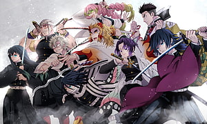 Demon Slayer Hashira Group Artwork with Swords and Dynamic Poses HD wallpaper