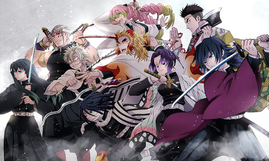 Demon Slayer Hashira Group Artwork with Swords and Dynamic Poses HD wallpaper