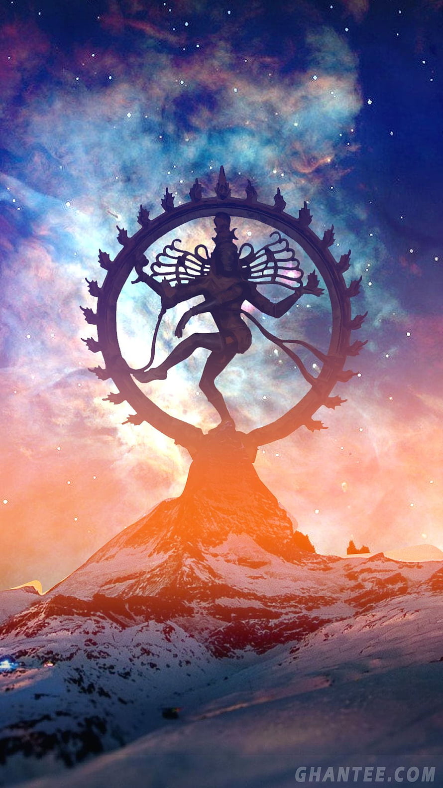 Nataraja Silhouette on Snowy Mountain Peak Against Cosmic Nebula Sky HD phone wallpaper