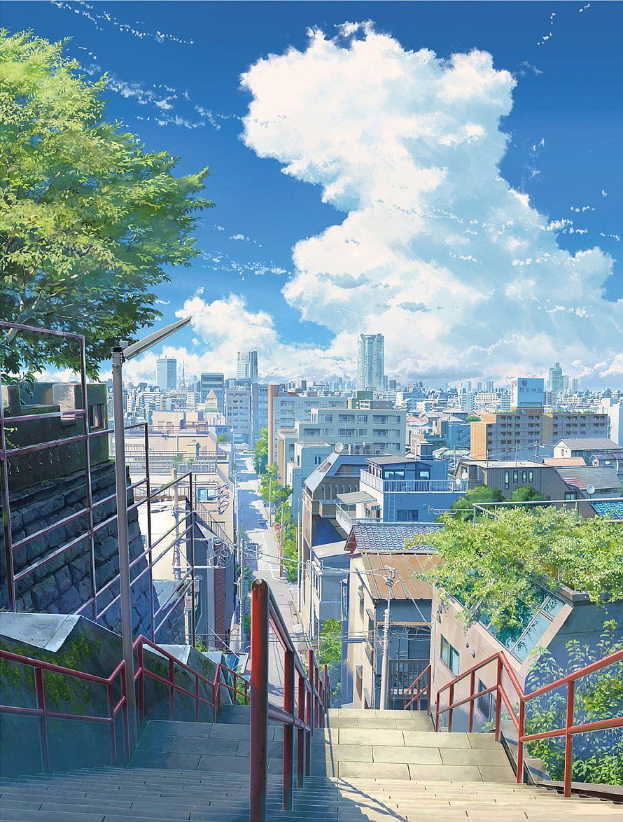 Anime Style Cityscape With Staircase And Blue Sky HD phone wallpaper