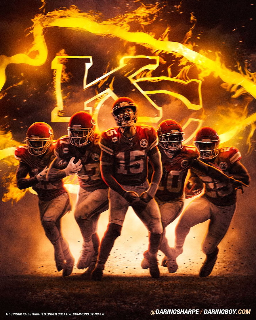 Kansas City Chiefs football team running with flaming logo background HD phone wallpaper