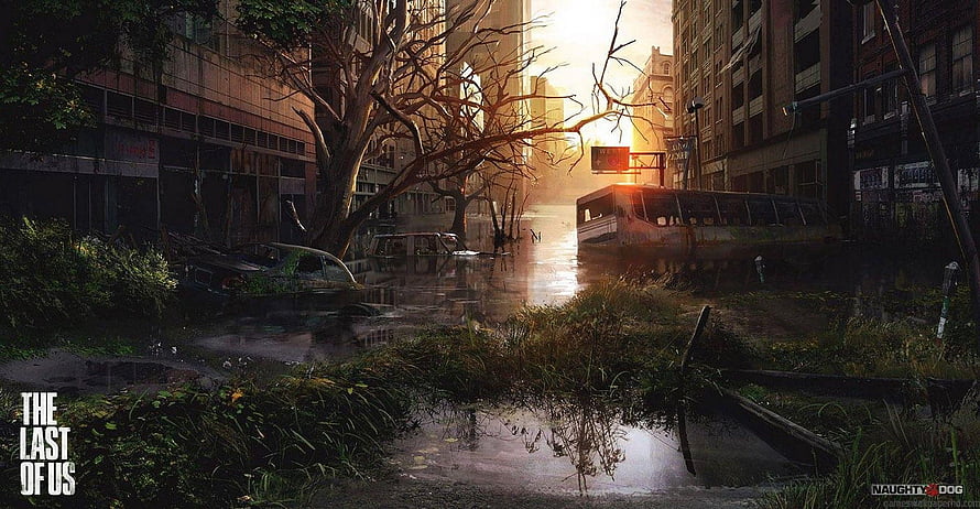 The Last of Us Post-Apocalyptic City Street with Overgrown Vegetation and Abandoned Vehicles HD wallpaper