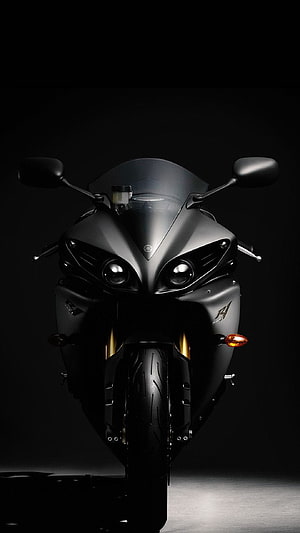 Matte Black Yamaha R1 Motorcycle Front View Dark Background HD phone wallpaper