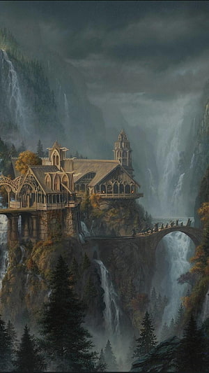 Fantasy Cliffside Manor with Waterfalls and Stone Bridge, Lord Of The Rings , Stock on, lotr HD phone wallpaper