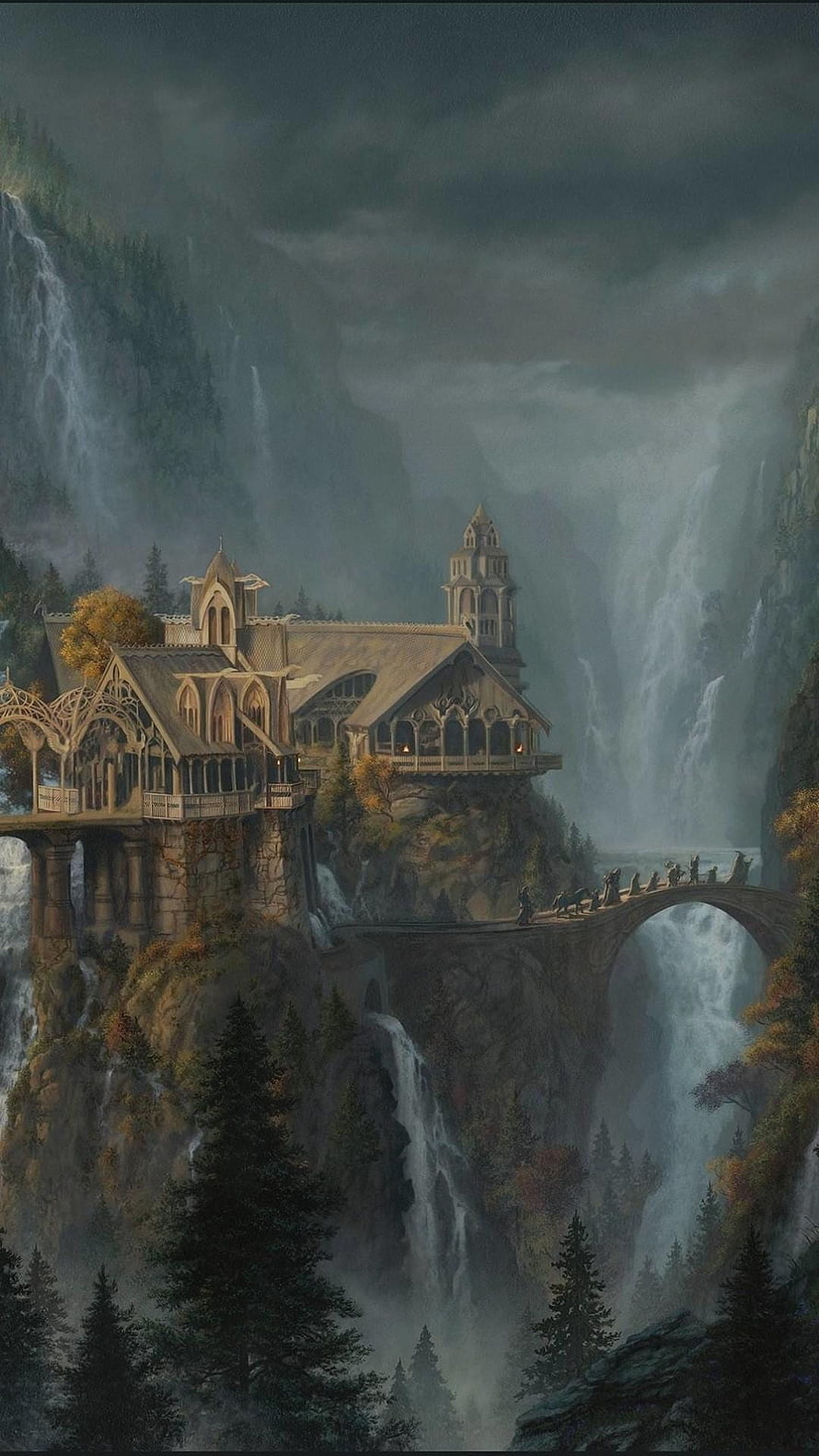Fantasy Cliffside Manor with Waterfalls and Stone Bridge, Lord Of The Rings , Stock on, lotr HD phone wallpaper