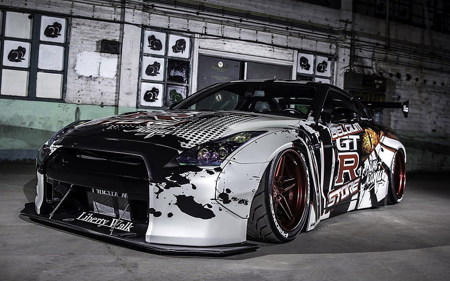 Liberty Walk Widebody Nissan GT-R R35 with Custom Black and White Paint Job HD wallpaper
