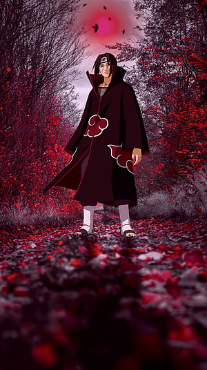 Itachi Uchiha standing in a forest path covered with red leaves under a crimson sky HD phone wallpaper